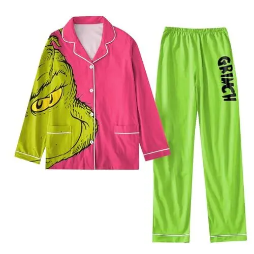 Produktbild: 𝑮𝒓𝒊𝒏𝒄𝒉 Schlafanzug Damen Lang Weihnachten Matching Christmas Pyjamas Schlafanzug Teenager Mädchen Nachtwäsche Damen Schlafanzug Mädchen 140 Schlafanzug Hosen Damen Kuscheliger Pyjama Rosa 2XL